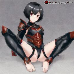 ai_generated armor armored_dress barefoot black_hair convincing_armor gamarjobson grey_background legs_spread red_armor red_eyes red_legwear