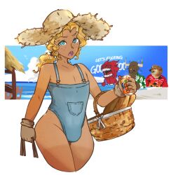 blonde_hair blue_eyes blush blushing curly_hair davegustave farm_boy_(davegustave) femboy freckles looking_at_viewer male male_focus penis_bulge ponytail solo straw_hat tan-skinned_femboy tan_skin tanlines trap wide_hips