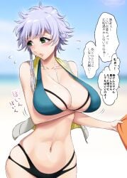 1girls alternate_eye_color arm_under_breasts ashamed beach bleach bleach_brave_souls blush braids busty curvaceous curvy curvy_body curvy_female curvy_figure earrings embarrassed female female_only green_eyes holding_clothing holding_object hourglass_figure jacket jacket_removed japanese_text kotetsu_isane large_breasts looking_away mattari_yufi midriff outdoors presenting presenting_breasts presenting_self revealing_swimsuit seaside short_hair short_hair_with_long_locks shy silver_hair solo solo_focus speech_bubble swimsuit text translation_request vest