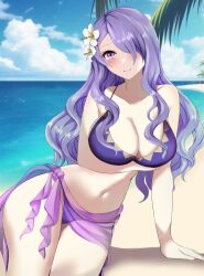 1girls alternate_costume beach bikini blush camilla_(fire_emblem) camilla_(summer)_(fire_emblem) cleavage female female_only fire_emblem fire_emblem_fates fire_emblem_heroes flower flower_in_hair hair_over_one_eye intelligent_systems light-skinned_female light_skin long_hair looking_at_viewer nintendo official_alternate_costume palm_tree purple_bikini purple_eyes purple_hair purple_swimsuit sand sarong sea see-through smile solo swimsuit tara_(szzj7733)