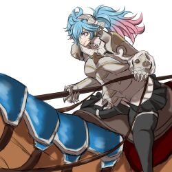 1girls aokuro blue_hair bouncing_breasts breasts_out female female_only fire_emblem fire_emblem_fates gigantic_breasts gloves hair_over_one_eye horse horseback_riding legs medium_hair motion_lines multicolored_hair nintendo pantyhose peri_(fire_emblem) red_eyes skirt smile solo thick_thighs thighs twintails