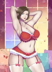 1girls arms_behind_head bbinfayruz big_breasts blue_eyes brown_hair christmas christmas_clothing female female_only garter_straps holidays leah_(leahlucie) lingerie looking_at_viewer medium_hair narrowed_eyes red_lipstick solo thick_thighs thigh_squish thighhighs white_thighhighs