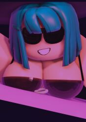 3d bensenrr34 bikini blue_hair breasts breasts_pressed_against_floor glasses hairclip hat ring roblox roblox_avatar robloxian self_upload smile smiling_at_viewer sunglasses tagme