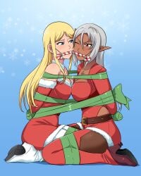 2girls arms_tied_behind_back bit_gag blonde_hair blue_eyes bondage bound_legs brown_eyes candy_cane christmas christmas_outfit female female_only gag gagged grey_hair improvised_gag lostonezero one_eye_closed ribbon_bondage tied_together