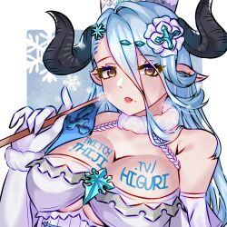 big_breasts blue_hair body_writing busty cleavage cryophoenix draph draph_race_(granblue_fantasy) flag horns huge_breasts izmir_(granblue_fantasy) product_placement twitch.tv voluptuous waving_flag yellow_eyes