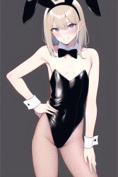 ai_generated androgynous blonde_hair blue_eyes bunny_boy bunny_costume bunny_ears bunnyboy bunnysuit different_eye_color femboy femboy_focus femboy_only fishnet fishnet_legwear fishnets grey_eyes latex long_hair looking_at_viewer nai_diffusion shiny_clothes smile smiling smiling_at_viewer stable_diffusion tight_clothing