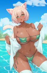 1girls ahoge animal_ears bikini blonde_hair blue_sky blush breasts cameltoe cat_ears cat_girl dark-skinned_female dark_skin eyepatch_bikini female green_bikini green_eyes hair_between_eyes highres large_breasts looking_at_viewer nanaayami navel open_mouth original outdoors short_hair side-tie_bikini sitting skindentation solo thighhighs water wet white_legwear wide_hips