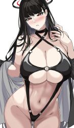 1girls black_hair black_swimsuit black_swimwear black_unikini blue_archive breasts dark_hair drogod_(artist) female halo head_tilt high_school_student huge_breasts light-skinned_female light_skin long_hair looking_at_viewer millennium_science_school_student navel pale-skinned_female pale_skin red_eyes revealing_clothes rio_(blue_archive) rio_tsukatsuki_(blue_archive) seminar_(blue_archive) seminar_president shaved_pussy student student_council_president suit_jacket teen teen_girl teenage_girl teenager thick_thighs thong_unikini tsukatsuki_rio unikini wide_hips