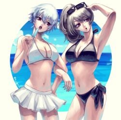 2girls alternate_costume arm_up armpit beach bikini black_bikini canon_genderswap cleavage female female_only genderswap_(mtf) ginko_sakata gintama gintoki_sakata locked_arms looking_at_viewer oimkmn okita_sougo okita_souko open_mouth painting_(artwork) ponytail popsicle red_eyes rule_63 short_hair side-tie_bikini side_ponytail sideboob silver_hair skirt sunglasses sunglasses_on_head swimsuit underboob very_short_hair white_bikini white_hair