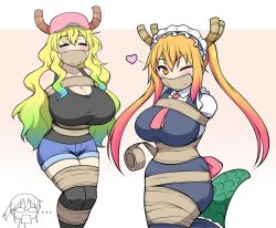 ... 3girls blonde_hair blue_hair blush bondage breasts cap cleavage closed_eyes dragon_girl female female_only femsub happy_sub horn horns huge_breasts jam-orbital kobayashi maid maid_headdress maid_uniform miss_kobayashi's_dragon_maid multiple_girls multiple_subs necktie orange_hair pink_hair quetzalcoatl_(dragon_maid) roll_of_tape stunned submissive_female tail tape tape_bondage tape_gag taped_mouth tohru_(dragon_maid) two_tone_hair white_background wink