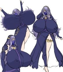 1girls alternate_costume aokuro arms_up asymmetrical_clothes asymmetrical_legwear azura_(fire_emblem)_(cosplay) bare_legs barefoot breasts brown_eyes camilla_(fire_emblem) cosplay dancer dancing elbow_gloves female female_only fingerless_gloves fire_emblem fire_emblem_fates full_body gigantic_breasts gloves hair_over_one_eye legs long_hair looking_at_viewer mouth_veil nintendo purple_hair red_eyes see-through smile solo veil very_long_hair