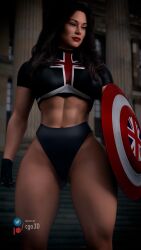 1girls 3d abs absurd_res ass big_ass big_breasts breasts brown_eyes brown_hair captain_america_(series) captain_carter cga3d curvaceous curvy curvy_body curvy_female curvy_figure erotichris female female_only fit fit_female hayley_atwell hi_res light-skinned_female light_skin marvel marvel_cinematic_universe marvel_comics midriff muscular muscular_female muscular_thighs panties peggy_carter shield solo thick_thighs thong underwear union_jack voluptuous voluptuous_female what_if...? wide_hips