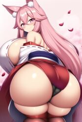 ai_generated animal_ear_fluff animal_ears big_ass big_breasts blush bubble_butt busty child_bearing_hips curvaceous curvy curvy_figure detached_sleeves female female_only floral_print fox fox_ears fox_girl fox_tail hakama hakama_skirt hi_res hourglass_figure huge_ass huge_breasts japanese_clothes kimono large_ass large_breasts legwear light-skinned_female light_skin long_hair long_sleeves mature mature_female nai_diffusion nontraditional_miko original original_character original_characters panties pink_eyes pink_hair presenting_hindquarters ribbon-trimmed_sleeves sash seductive seductive_smile shrine_maiden simple_background skirt smile solo solo_female solo_focus stable_diffusion stockings thighhighs underwear upskirt very_long_hair voluptuous wide_hips wide_sleeves