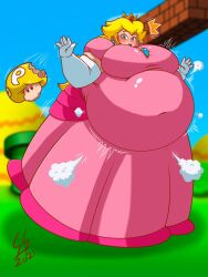 1girls 2021 breast_expansion breasts clothing female female_only full_body_inflation huge_breasts inflation mario_(series) mushroom nintendo obese p-balloon power_up princess_peach solo solo_female sugarrollart super_mario_world