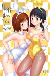 2girls abe_tsukumo alluring amber_eyes avataro_sentai_donbrothers black_hair blue_eyes brown_hair bunny_ears_headband bunny_outfit female female_only haruka_kito playboy_bunny sononi sononi_(donbrothers) super_sentai