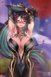 1girls armpits big_breasts breasts cleavage clothing female female_only full_cleavage genshin_impact glasses hands_on_head huge_breasts large_breasts mea_(artist) mea_メア solo solo_female xianyun_(genshin_impact)