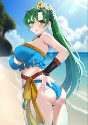 1girls alternate_costume ass beach big_ass bikini blue_bikini blue_swimsuit blush earrings female female_only fire_emblem fire_emblem:_the_blazing_blade fire_emblem_heroes flower frilled_bikini frills green_eyes green_hair hair_flower hair_ornament highres jewelry long_hair looking_at_viewer lyn_(fire_emblem) lyn_(summer)_(fire_emblem) nintendo official_alternate_costume open_mouth outdoors swimsuit tara_(szzj7733) very_long_hair