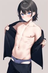 ai_generated androgynous black_hair black_jacket black_outfit black_pants blue_eyes blue_panties blush boy boy_only jacket looking_at_viewer male male_focus male_only manly medium_hair nai_diffusion nipples panties pants stable_diffusion straight