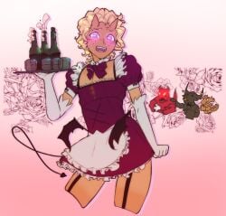 alcohol blonde_hair blush bottle curly_hair dark_skin davegustave demon_tail elbow_gloves fangs farm_boy_(davegustave) femboy freckles garter_straps glass heart-shaped_pupils horns maid maid_outfit male_focus trap tray