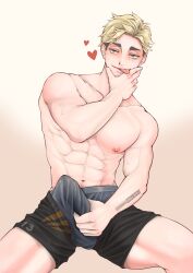 1boy abs atsumu_miya bulge bulge_grab bulge_through_clothing haikyuu!! looking_at_viewer male male_only muscular muscular_male onglai87 pecs penis penis_grab precum precum_through_clothing shorts sitting smile solo solo_male spread_legs tagme tongue tongue_out underwear