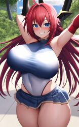 ahoge ai_generated blue_eyes blush breasts cheerleader cousins high_school_dxd huge_breasts imminent_sex large_breasts long_hair merukuma miniskirt red_hair rias_gremory smile stable_diffusion tagme thick_thighs thighs wide_hips