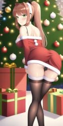 ai_generated back black_panties black_thighhighs blush cameltoe christmas_dress christmas_ornaments christmas_tree doki_doki_literature_club gift_box green_eyes looking_back medium_breasts monika_(doki_doki_literature_club) nai_diffusion panties ponytail smile stable_diffusion thighhighs white_ribbon