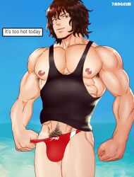 7angelm alternate_version_available armpit_hair bara beach big_pecs blue_background brown_hair bulge english_text happy_sex kengan_(series) kengan_ashura looking_at_viewer male male_only male_pubic_hair muscular muscular_male pecs pubic_hair pubic_hair_peek smile solo speech_bubble speedo swimsuit swimwear tank_top tokita_ohma wavy_hair