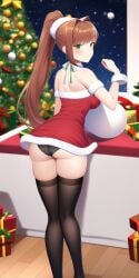 1girls ai_generated ass black_panties black_thighhighs blush christmas_dress christmas_ornaments christmas_tree doki_doki_literature_club from_behind gift_box green_eyes looking_back medium_breasts monika_(doki_doki_literature_club) nai_diffusion panties ponytail ribbon stable_diffusion standing thighhighs