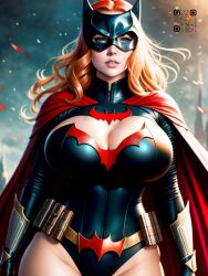 ai_generated batman_(series) batwoman big_breasts blue_eyes busty cape cleavage dc dc_comics huge_breasts kate_kane kw0337 red_hair redhead superheroine