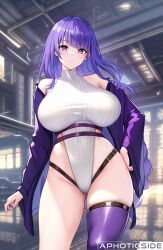 1girls ai_generated alternate_version_available azto_dio breasts clothed clothed_female female fully_clothed genshin_impact hips huge_breasts leotard light-skinned_female light_skin long_hair massive_breasts purple_eyes purple_hair raiden_shogun thick_thighs thighs wide_hips