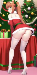 1girls ai_generated ass bending_over blush christmas_dress christmas_ornaments christmas_tree doki_doki_literature_club feet gift_box green_eyes looking_back medium_breasts monika_(doki_doki_literature_club) nai_diffusion no_panties ponytail ribbon smile stable_diffusion thighhighs white_thighhighs