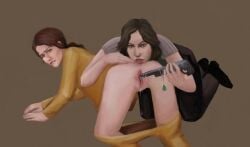 2girls all_fours anilingus anus ass brown_eyes brown_hair clothed control crossover female_only gun gun_in_pussy hand_on_ass helena_harper jesse_faden looking_at_viewer looking_back multiple_girls necklace on_knees pants_down ponytail pussy red_hair resident_evil resident_evil_6 rimjob rimming yourwish_(artist) yuri