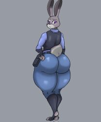 1girls anthro ass_crease back_view big_ass big_butt bubble_butt bunny clothing concerned eyelashes furry hand_on_hip judy_hopps lagomorph looking_back police_uniform purple_eyes solo spudds_ taller_girl thick_thighs three-quarter_view thunder_thighs zootopia