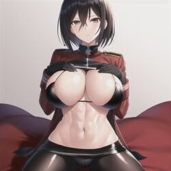 abs ai_generated attack_on_titan bikini_top black_eyes black_hair gloves hair_between_eyes kneeling large_breasts latex microskirt mikasa_ackerman miniskirt paradis_military_uniform shiny_clothes short_hair stable_diffusion tight_clothing