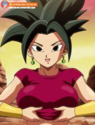 1girls animated big_breasts black_hair boobdrop bouncing_breasts breasts clothing covering_breasts dragon_ball dragon_ball_super female female_only female_saiyan foxybulma fusion fusion_character kefla large_breasts lifted_by_self lifting_shirt nipples plucking shounen_jump smile smiling solo solo_female spiky_hair tagme teeth