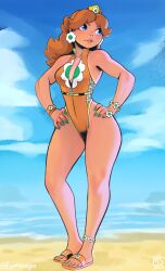 1girls beach blue_eyes brown_hair crown earrings eymbee female female_only hands_on_hips hi_res jpeg long_hair looking_away mario_(series) nintendo one-piece_swimsuit orange_swimsuit outdoors princess_daisy sandals seaside solo standing swimsuit