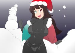 /ctt/ :d bangs black_bodysuit bodysuit brown_hair christmas colored console-tan female gijinka heterochromia humanization humanized iamlem long_hair nintendo nintendo_switch open_mouth santa_claus_(cosplay) santa_costume santa_hat shiny_clothes snowing snowman switch-tan winter