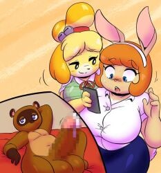 1boy 2d 2girls animal_crossing animal_crossing_new_leaf anthro cum huge_breasts isabelle_(animal_crossing) joaoppereiraus male nintendo office_lady penis pornography rabbit showing_phone tagme tom_nook uniform