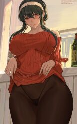 1girls black_hair blush female long_hair lsls naughty_face panties pantyhose red_eyes smile spy_x_family sweater sweater_lift thick_thighs thighs voluptuous yor_briar yor_forger