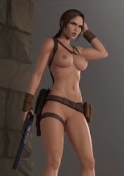 ai_generated backpack bag belt breasts casual female female_only firearm footwear handgun handwear huge_breasts human lara_croft legwear naked nude nude_female pale_skin solo tactical_nudity tomb_raider weapon