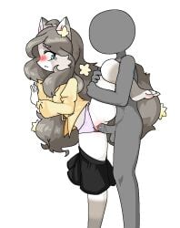 1boy1girl 2022 anthro blush bottomless feline female flower genitals green_eyes green_hair grey_body grey_fur hair long_hair original original_character penis potatobud3 pussy pussy_juice sex shirt skirt tail white_background