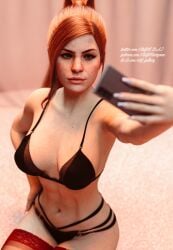 1girls 3d 3d_(artwork) abs aloy alternate_hairstyle bare_arms bare_midriff bare_shoulders bare_thighs belly_button bra cleavage female female_focus female_only freckles front_view green_eyes hi_res highres horizon_forbidden_west horizon_zero_dawn lace-trimmed_thighhighs lingerie long_hair long_nails midriff nail_polish painted_nails panties ponytail red_hair selfie smartphone solo solo_female solo_focus sony_interactive_entertainment steffih_daz stockings taking_picture thighhighs thighs tied_hair toned toned_female toned_stomach