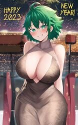 1girls 2023 ai_generated arms_behind_back blush breasts cleavage dress female_deku fireworks green_eyes green_hair huge_breasts izuku_midoriya large_breasts merukuma my_hero_academia new_year rule_63 short_hair smile stable_diffusion text wide_hips