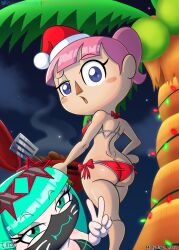 animal_crossing animal_crossing_girl ass beach bikini blue_eyes digital_media_(artwork) fanart green_eyes green_hair jackintaro joy_(jackintaro) looking_at_viewer looking_back new_year nintendo pink_hair summer surprised surprised_expression venus_(blazedscarf) villager_(animal_crossing)