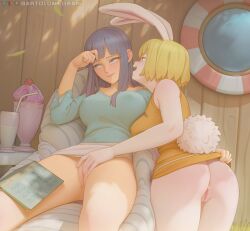 2girls akuma_no_mi anus ass bartolomeobari bunny_ears butt carrot_(one_piece) clothed dress duo fapping female female_only fingering fingering_partner furry hana_hana_no_mi masturbation nico_robin nipple_bulge no_panties one_piece pre-timeskip pussy skirt smile touching_pussy uncensored wholesome yuri