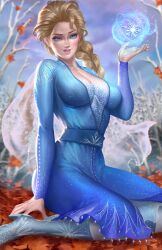 blonde_hair blue_eyes calf_boots capelet cleavage disney disney_princess elsa_(frozen) frozen_(film) frozen_2 large_breasts long_sleeves looking_at_viewer nopeys sitting skirt thick_thighs