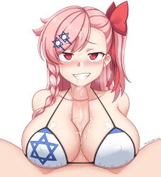 1boy 1girls abridged-satoko bikini bikini_top boobjob bra breasts clothed_paizuri cum cum_on_chest cum_on_clothes cum_on_face cumming edit erect_nipples_under_clothes facial girls'_frontline human human_only humanoid_penis jewish large_breasts light-skinned_female light-skinned_male light_skin looking_at_viewer negev_(girls_frontline) orgasm paizuri paizuri_under_clothes pink_hair pov smile smiling smiling_at_viewer smug source_request star_of_david titfuck_under_clothes titjob