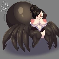 6_eyes 8_legs arachnid areola areolae arthropod big_breasts breasts commission cross_samax female female_only hair_bun interspecies multi_leg multi_limb nipples spider tagme