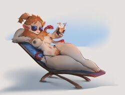 armpit_hair big_breasts bikini_bottom blush blushing breasts brown_hair drink female fur glasses laying_down paws pubes pubic_hair simple_background snake sunglasses tagme thick_thighs utterangle