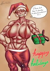 1futa 2022 balls big_penis breasts bulge christmas clothed clothing dialogue erection erection_under_clothes fobi futa_only futanari gift huge_breasts lucia_(fobi) mostly_nude penis precum precum_through_clothing santa_hat short_hair sitting solo standing text topless